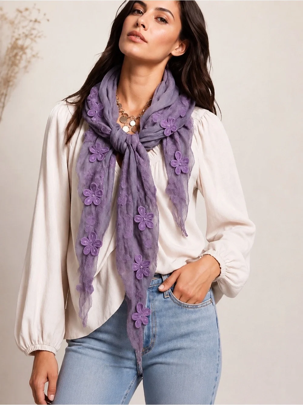 Kikiyo Scarf Purple‎ Mesh Lace Ruffles Embroidered Shabby Chic